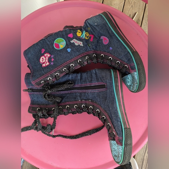 Bongo Girls Size 3 Denim Lace Up Boots with Patches and Sequins - Picture 1 of 7